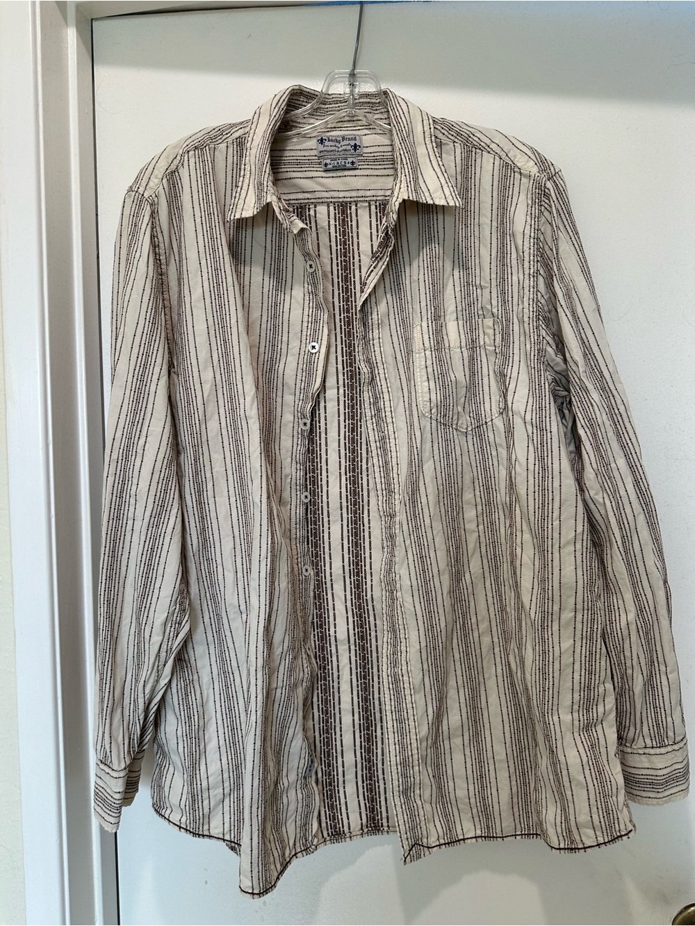 Lucky Brand Cream and Brown Striped Button-Up Shirt Size XL Western